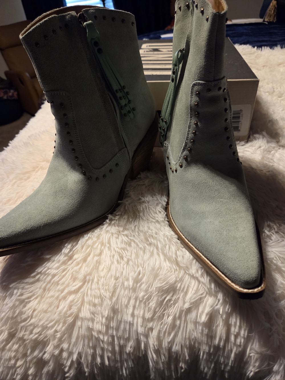 Women's Mint Suede Western Ankle Boots with Stud Detail - Picture 4 of 5